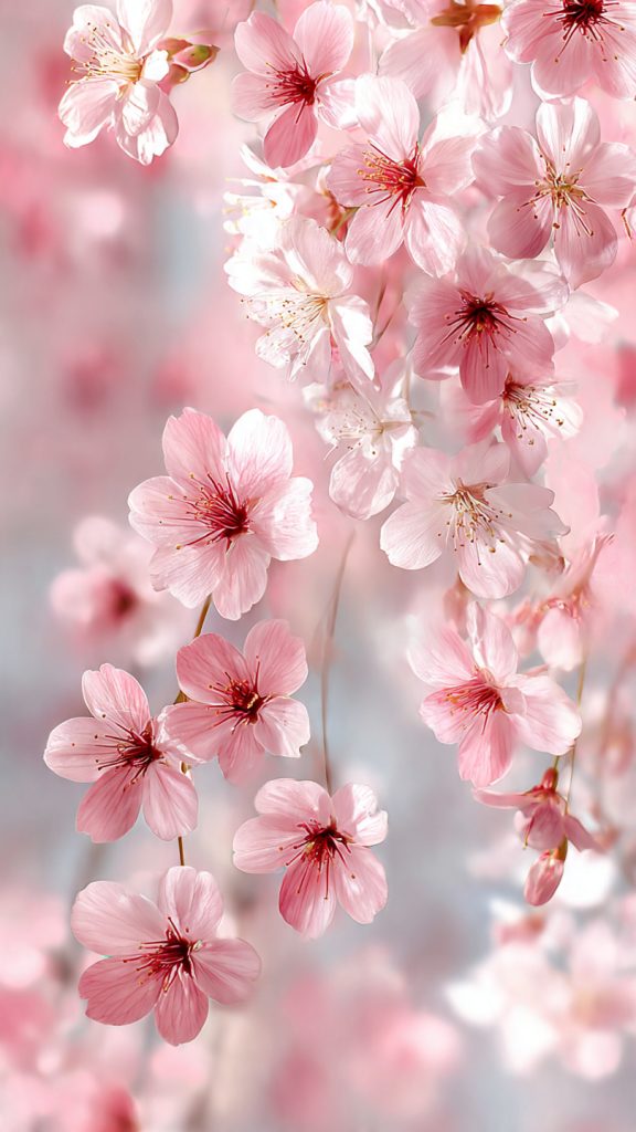 elegant pink cherry blossoms drifting across a sof