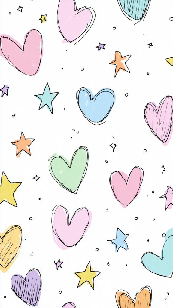 playful doodle wallpaper with hearts and stars cut