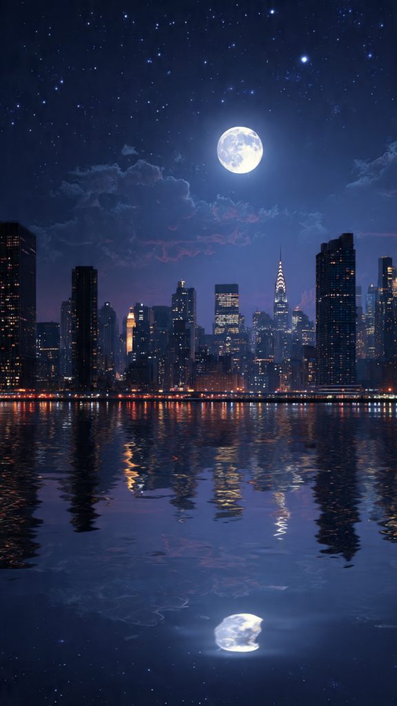 Wallpaper Aesthetic Dark Blue: Dreamy, Moody & Elegant Background Ideas 7 moonlit city skyline wallpaper