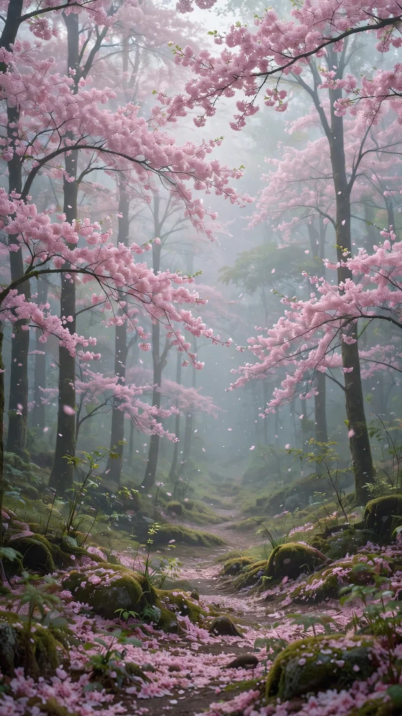 Cherry blossom aesthetic misty forest wallpaper