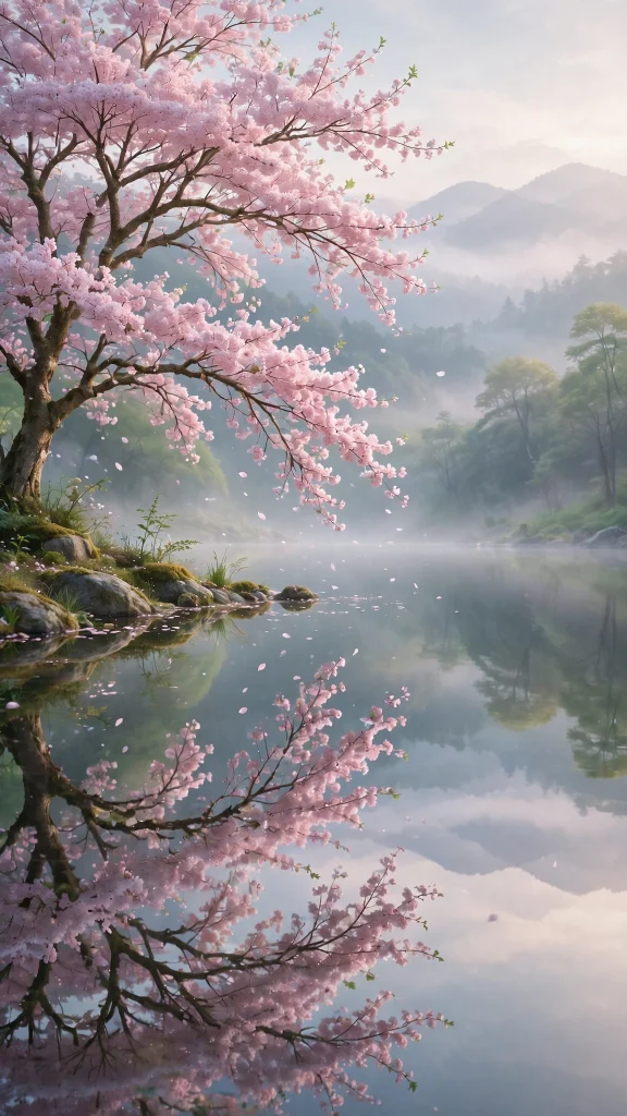 Cherry blossom aesthetic lake wallpaper