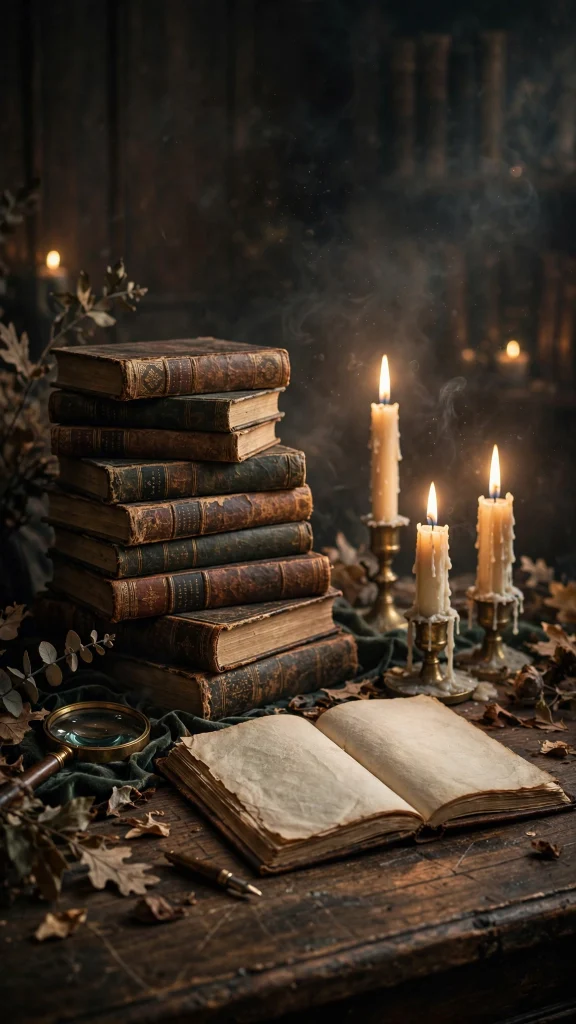 Dark academia aesthetic candlelit desk wallpaper