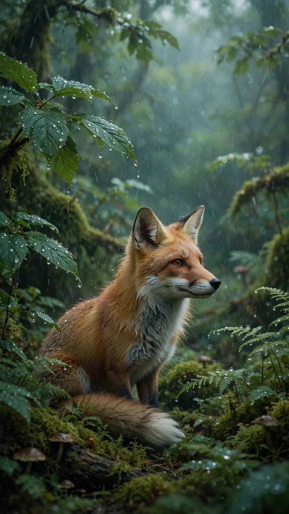Fox aesthetic rainy forest wallpaper