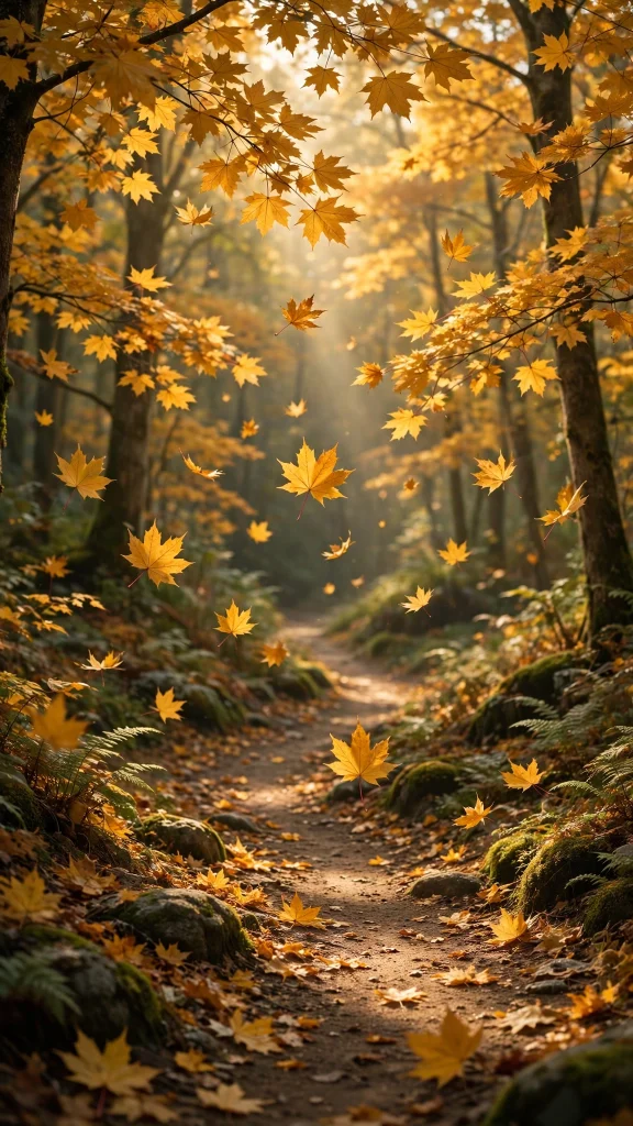 17 Cozy wallpaper iphone fall Ideas for Your iPhone 1 Golden maple leaves falling along a quiet forest path, warm autumn light