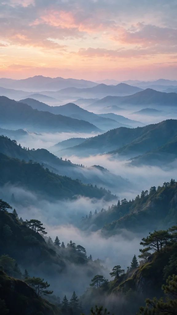 17 Best wallpaper aesthetic laptop hd 1080p Wallpapers 1 Misty mountain ranges at dawn, layered blue peaks, pink sky