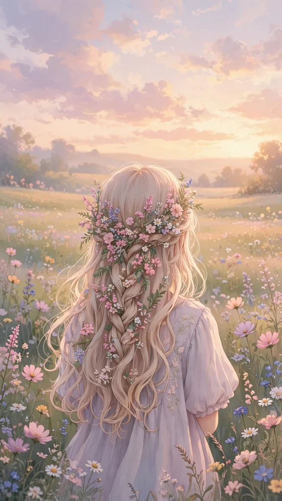 17 Best wallpaper iphone girl for Your Phone 1 Girl from behind with flowers woven into her long hair, field at sunset (stylized illustration)