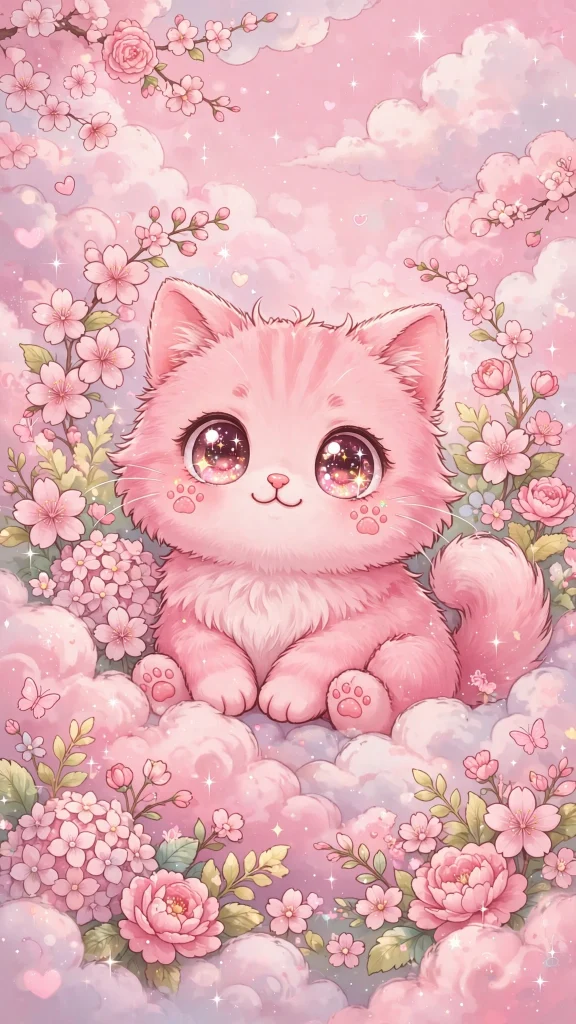 17 Cute Wallpaper Pink Lucu Ideas for Your Phone 1 Cute pink cat with big sparkling eyes sitting among pastel flowers