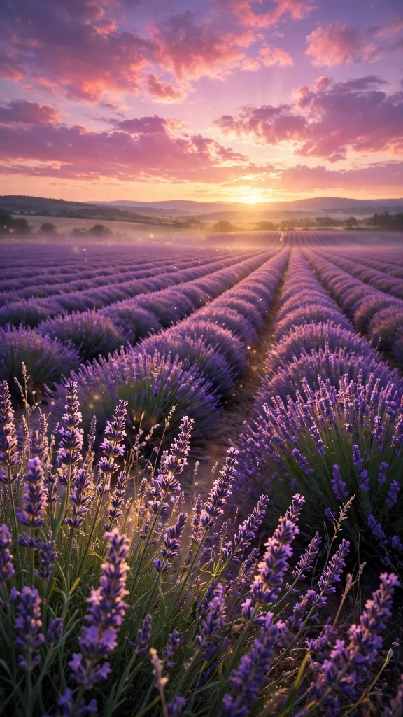 Purple lavender field at sunset rows of blooming flowers