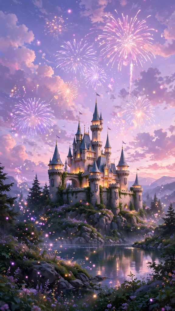 Fairytale castle glowing at twilight with fireworks