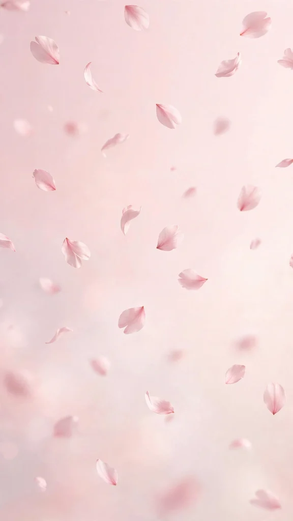 Soft blush pink cherry blossom petals floating on a pale pink background