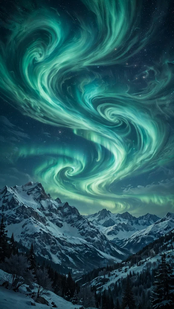 Green aurora borealis dancing over snowy mountains wallpaper