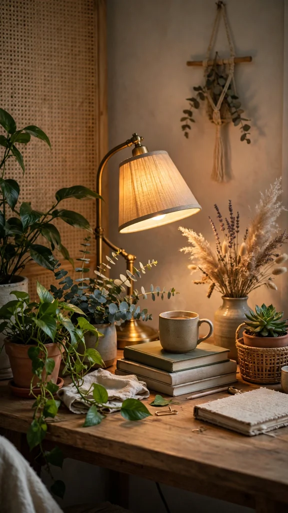 17 Best Wallpaper Aesthetic Desktop Ideas to Try 1 cozy aesthetic desk setup with plants and warm lamp light