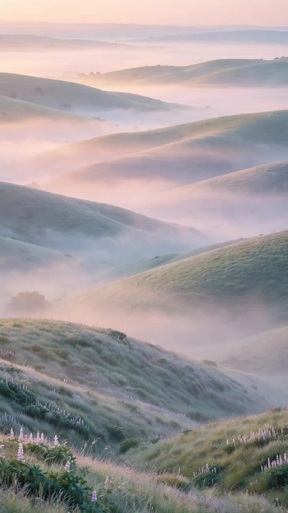 misty hills at dawn in soft pastel tones