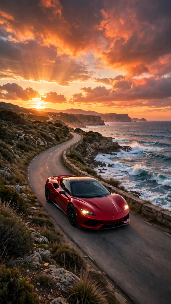 Wallpaper iPhone Car: 17 Stunning Auto Designs 1 Red sports car on a coastal road at sunset