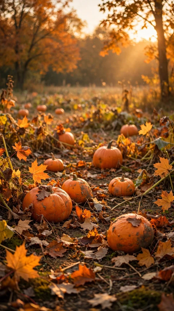 17 Cozy wallpaper iphone fall Ideas for Your iPhone 9 Pumpkins among fallen maple leaves in a sunlit pumpkin patch at sunset