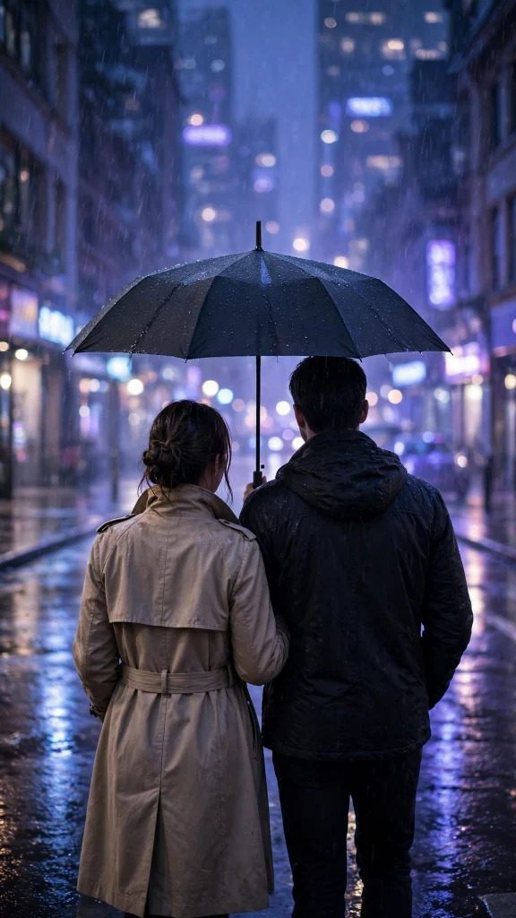 17 Best wallpaper aesthetic couple Ideas for You 11 Couple from behind sharing one umbrella in the rain on a city street, moody blue-purple bokeh