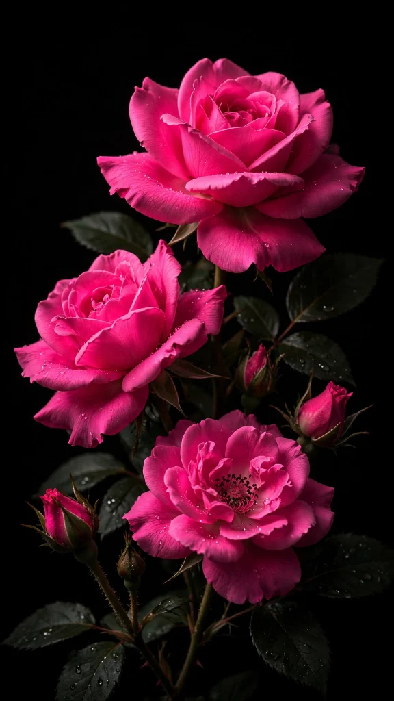 17 Stunning wallpaper pink dark for Your Phone 2 neon pink roses blooming on a pure black background, dramatic chiaroscuro