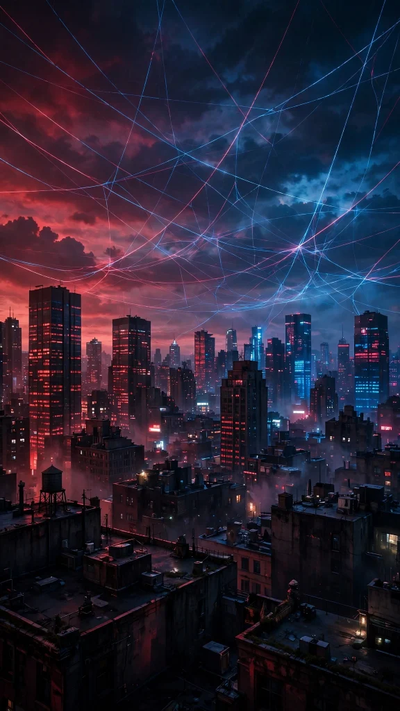 17 Wallpaper Aesthetic Spiderman Designs You'll Love 5 red and blue dusk skyline with web lines wallpaper aesthetic spiderman