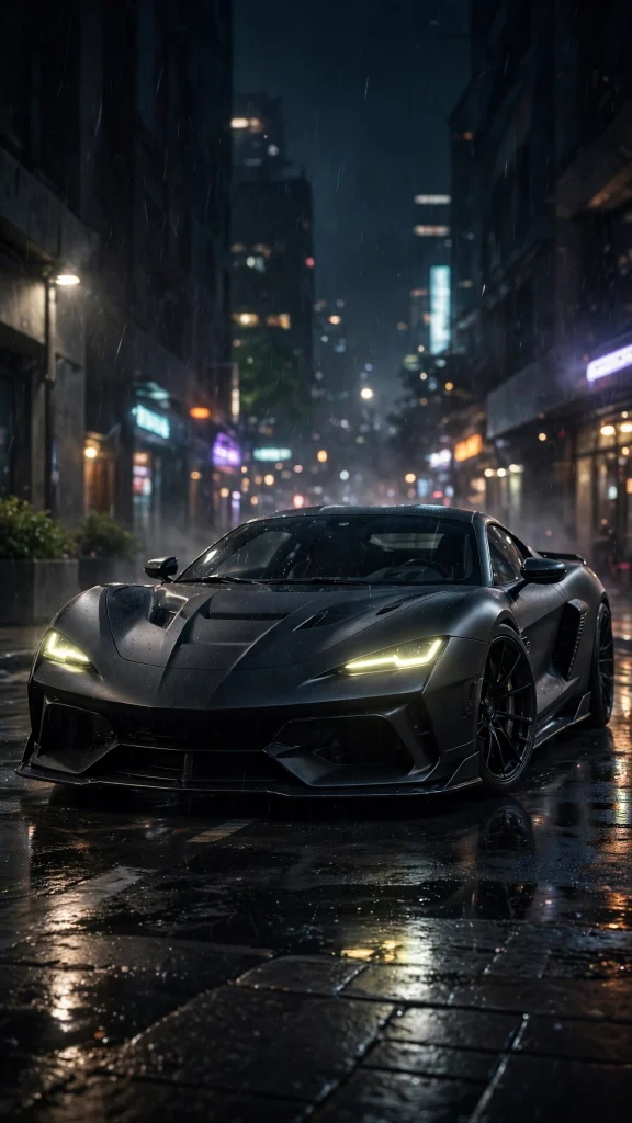 Matte black sports car at night phone wallpaper