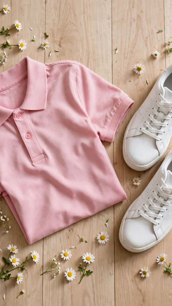 17 Best Wallpaper Pink Polos for a Cute Preppy Phone 10 Pink polo shirt flat lay with white sneakers and small daisies