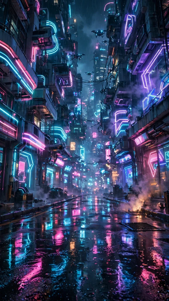 Neon lit city street at night with reflections