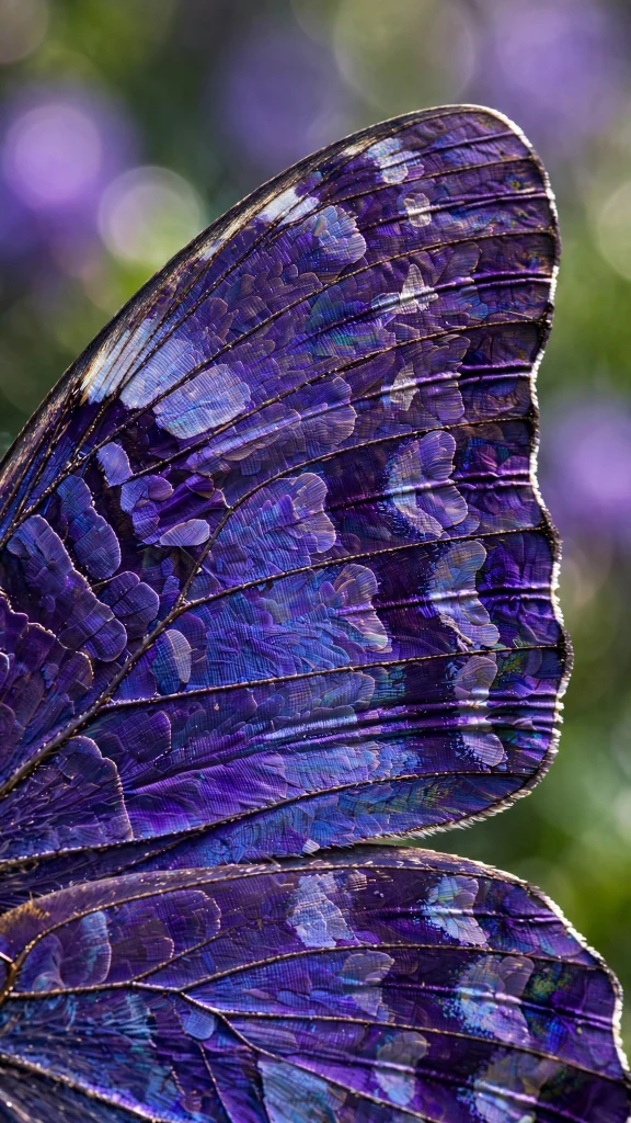 Purple butterfly wings macro with iridescent patterns