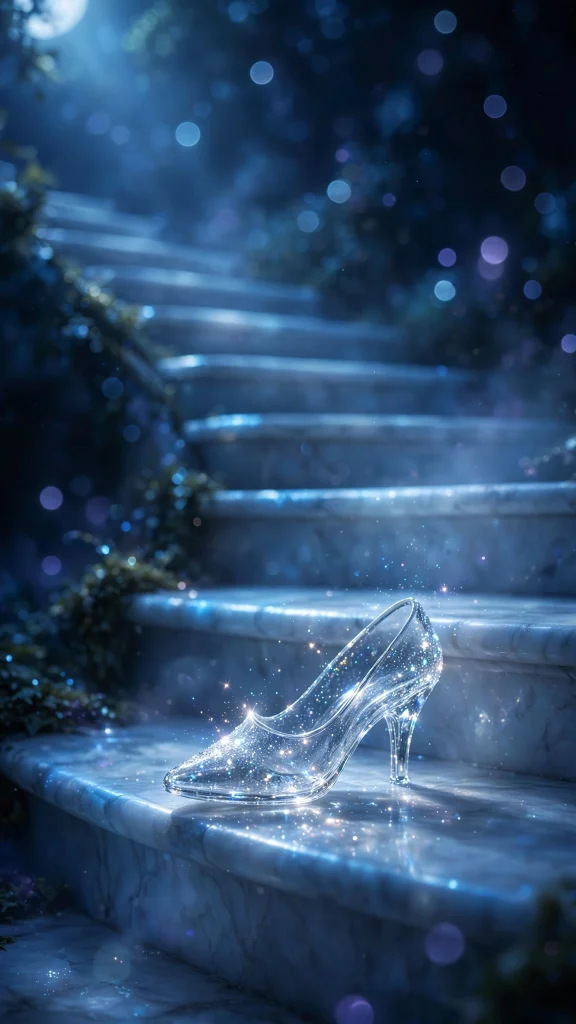 Glass slipper on glowing marble stairs at midnight
