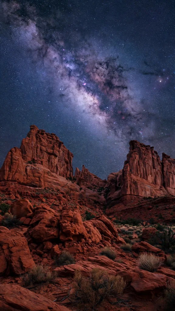Milky way galaxy over desert rock formations