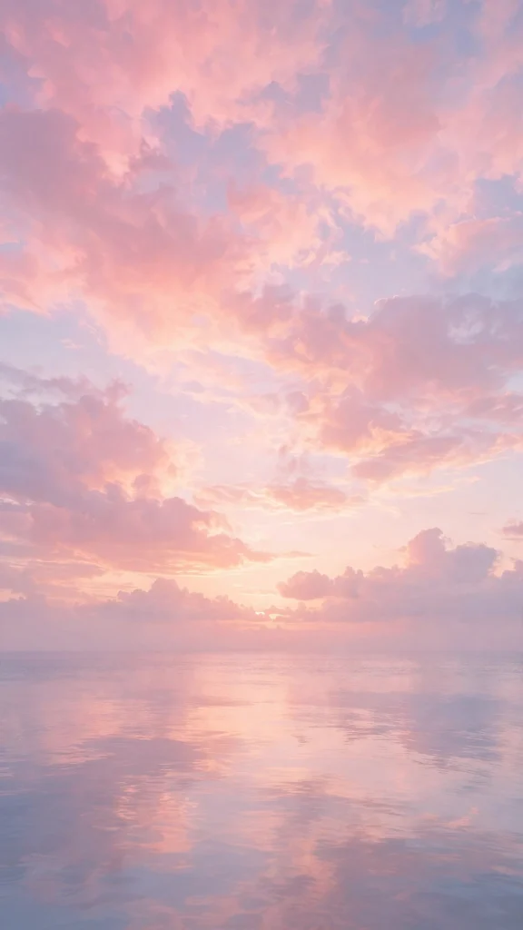 Dreamy pastel pink sunset clouds over a calm ocean horizon