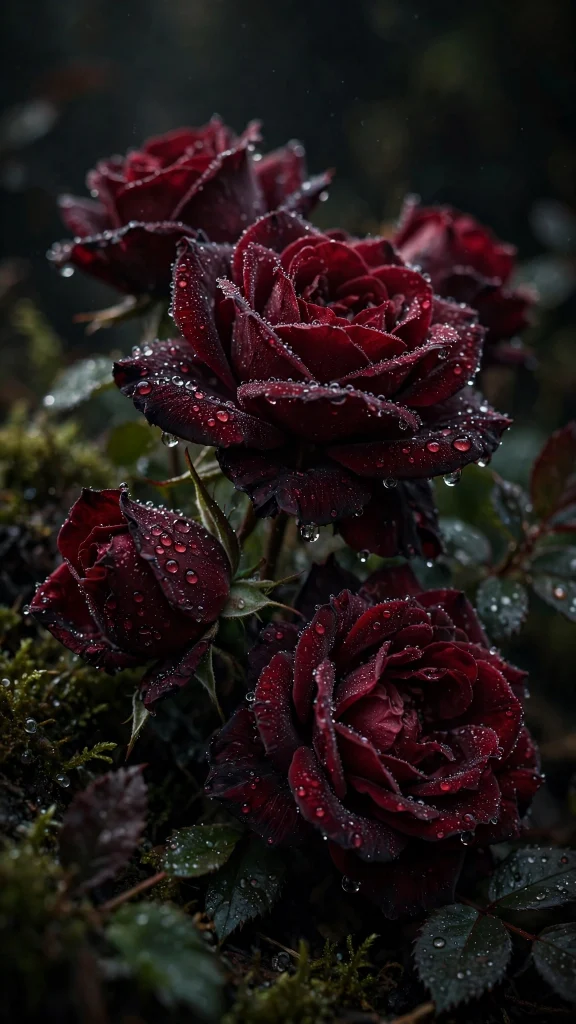Dark moody red roses with dew drops wallpaper iPhone flowers