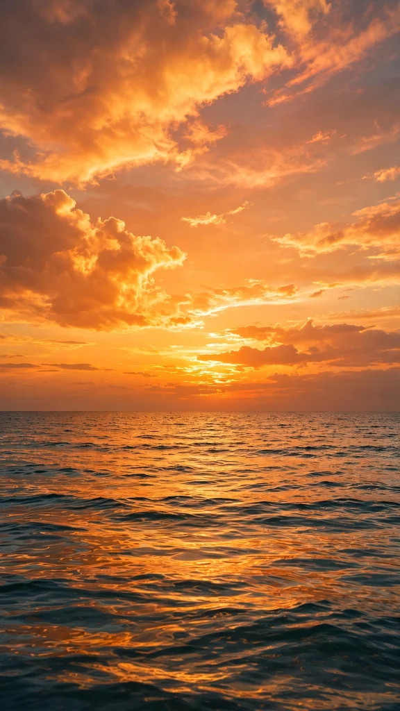 Sunset over the ocean with a golden orange sky, wallpaper aesthetic summer