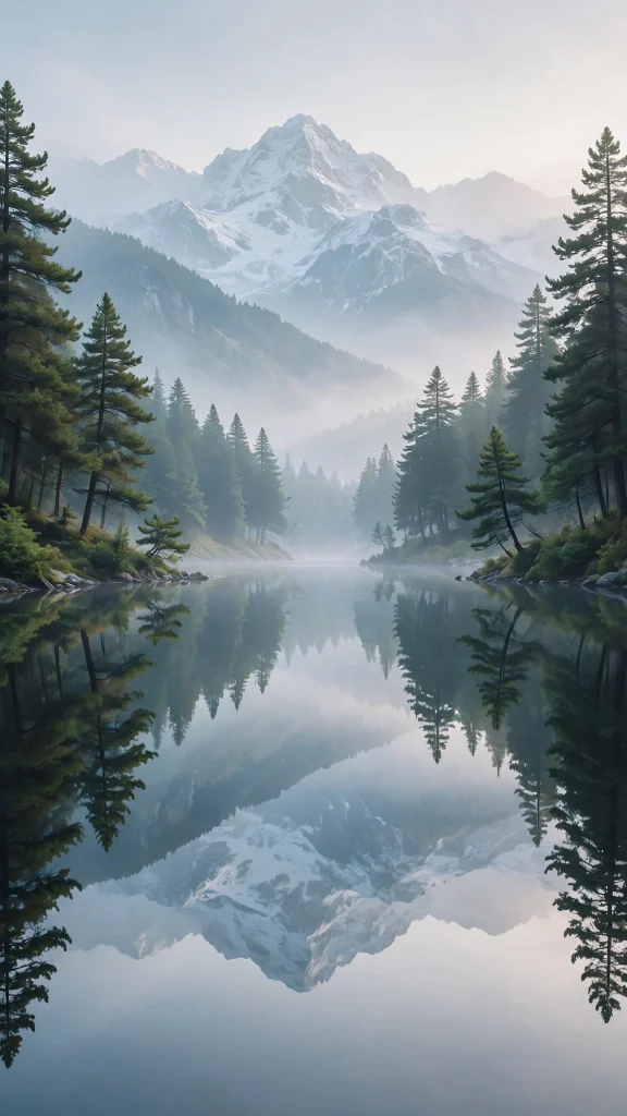 mountain lake with perfect mirror reflection of snowy peaks