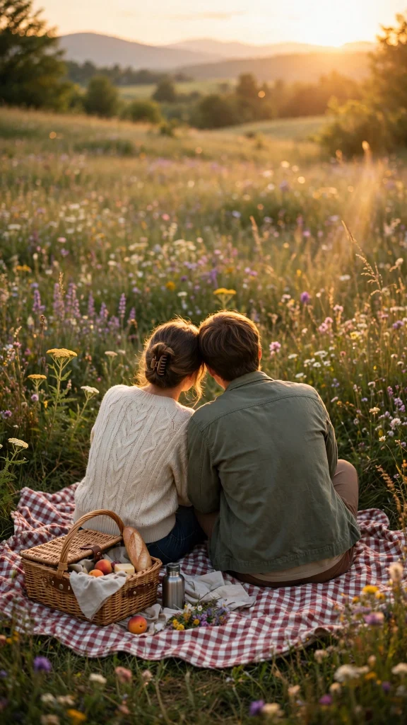 17 Best wallpaper aesthetic couple Ideas for You 2 Couple from behind having a picnic in a wildflower meadow at golden hour