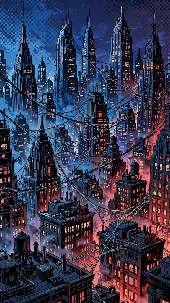17 Cool Wallpaper Iphone Spiderman Ideas 11 Comic-book style night cityscape with web strands between rooftops
