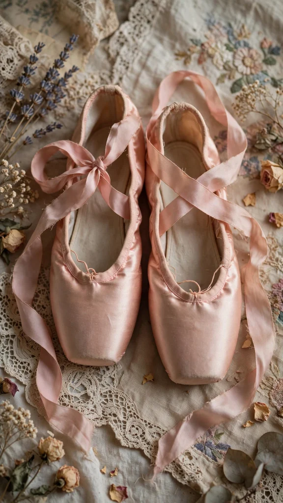 pink ballet slippers ribbons coquette wallpaper