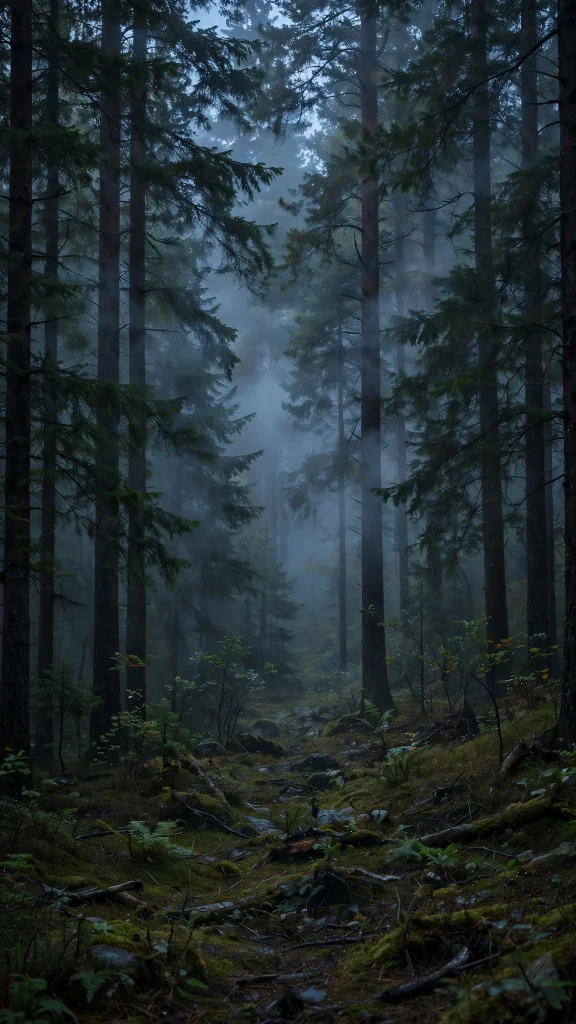 Misty dark pine forest at dusk