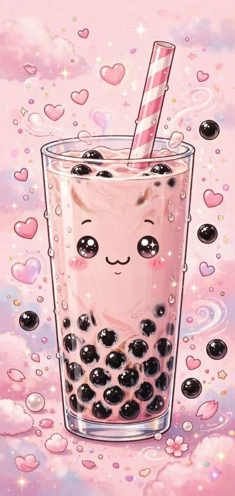 17 Cute Wallpaper Pink Lucu Ideas for Your Phone 7 Pink boba milk tea with a smiling kawaii face and hearts