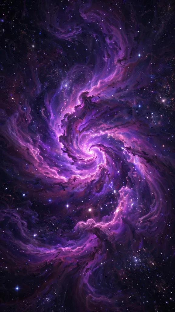 Purple galaxy nebula swirling cosmic clouds and stars