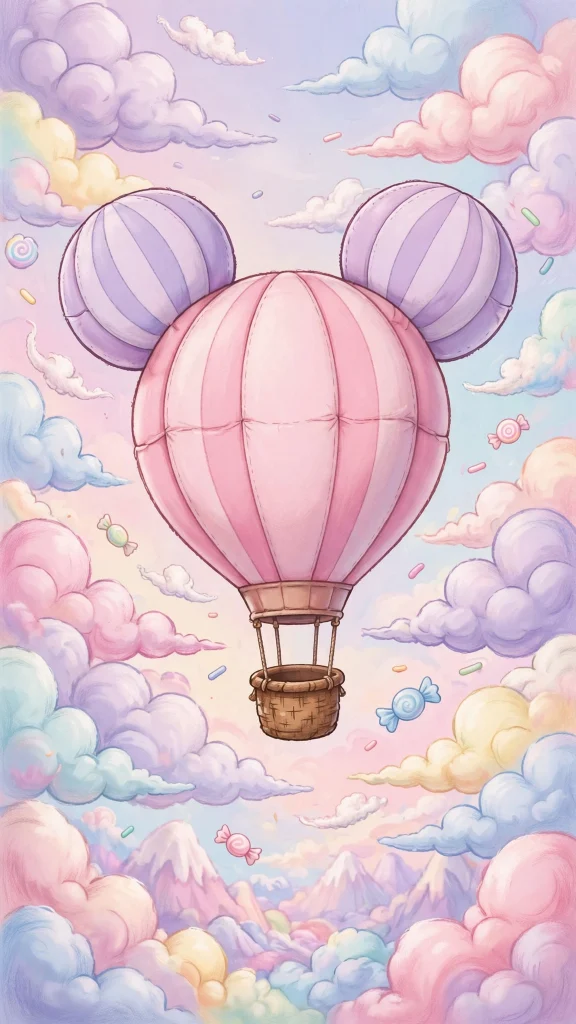 Mouse ear shaped hot air balloon in a pastel candy sky
