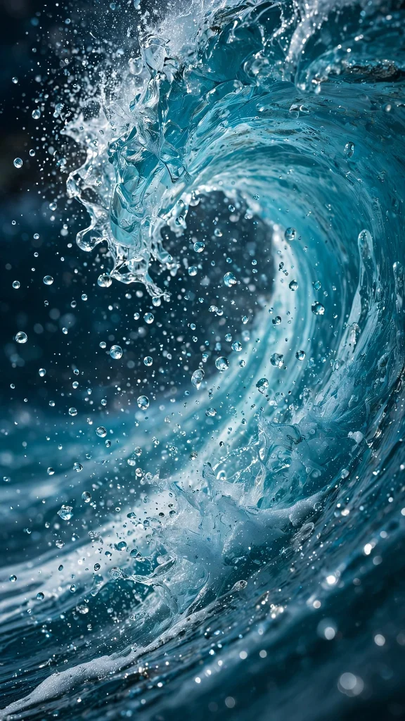 Giant turquoise ocean wave curling in macro detail