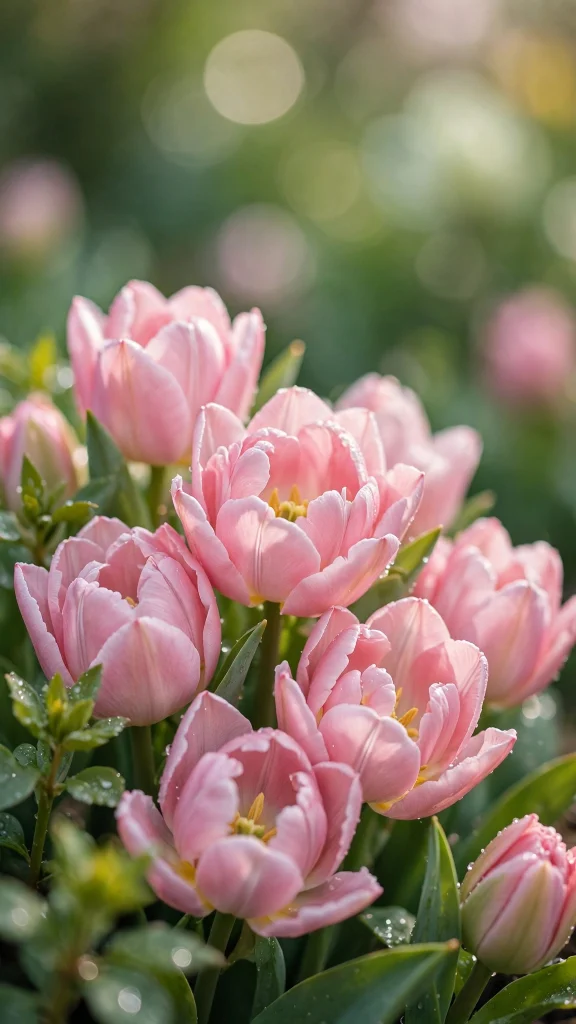 Pink tulips in a spring garden with soft bokeh background