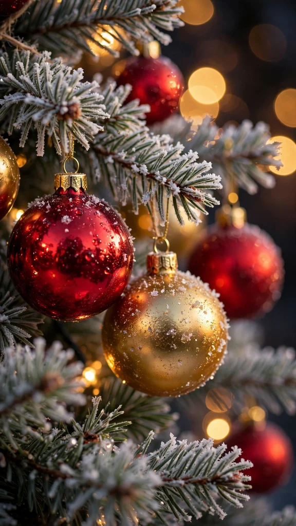 17 wallpaper iphone christmas Ideas 9 Red and gold Christmas ornaments on pine branches wallpaper