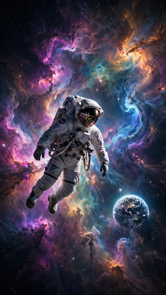Astronaut floating in colorful space wallpaper