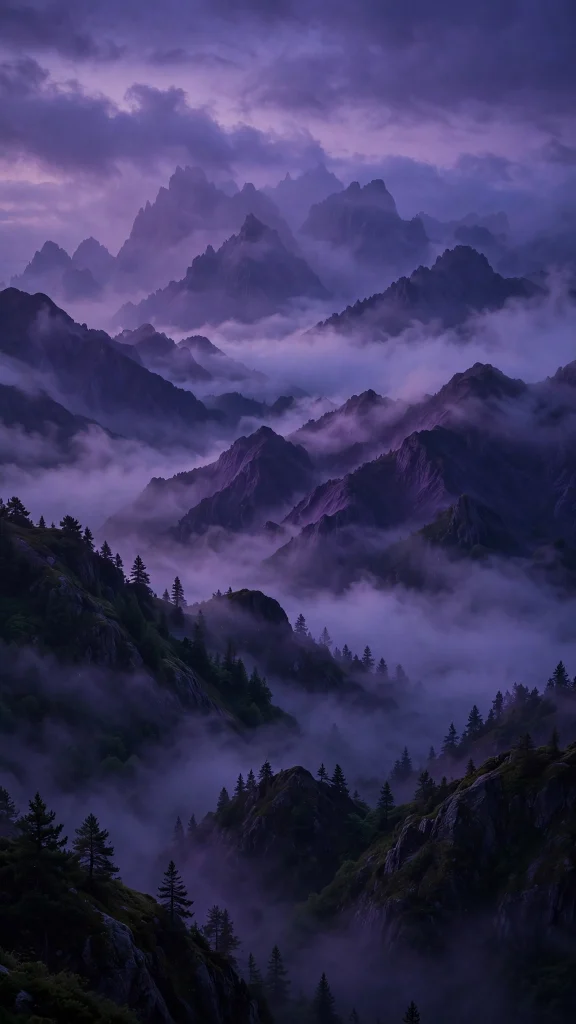 Purple mountain peaks in twilight mist wallpaper