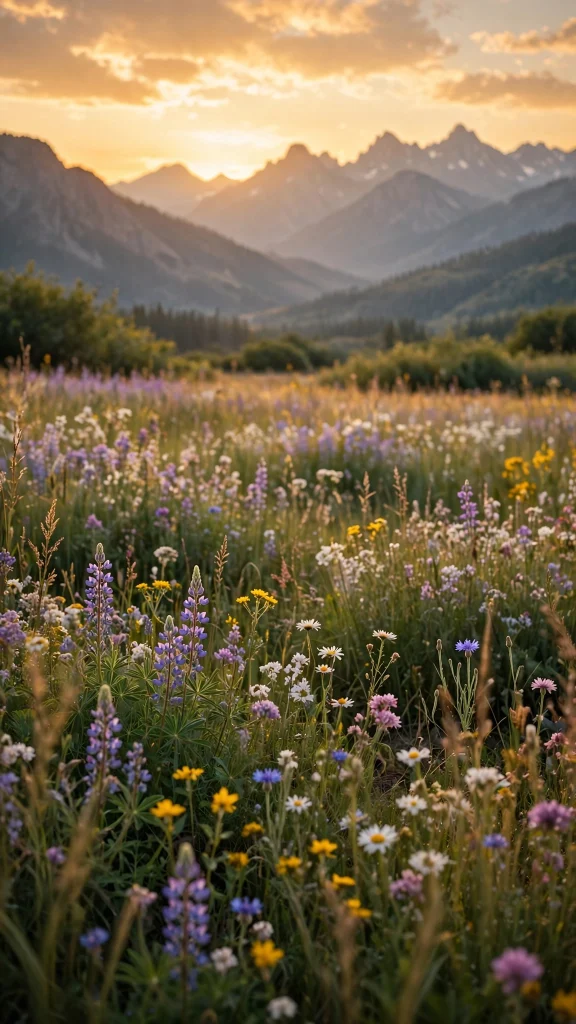 17 Beautiful Wallpapers Flowers for Your Phone 8 Wildflower meadow wallpapers flowers at golden hour with mountains