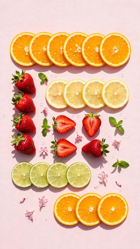 Summer fruit flat lay with strawberries and citrus, wallpaper aesthetic summer