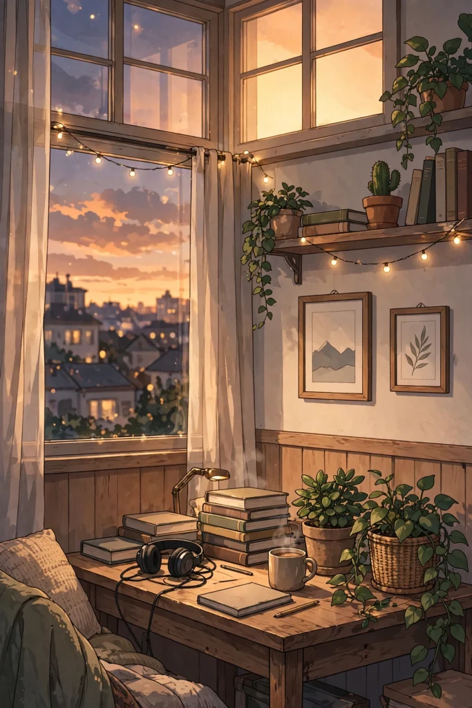17 Best Wallpaper Aesthetic Desktop Ideas to Try 12 lofi anime room illustration with cozy evening vibe