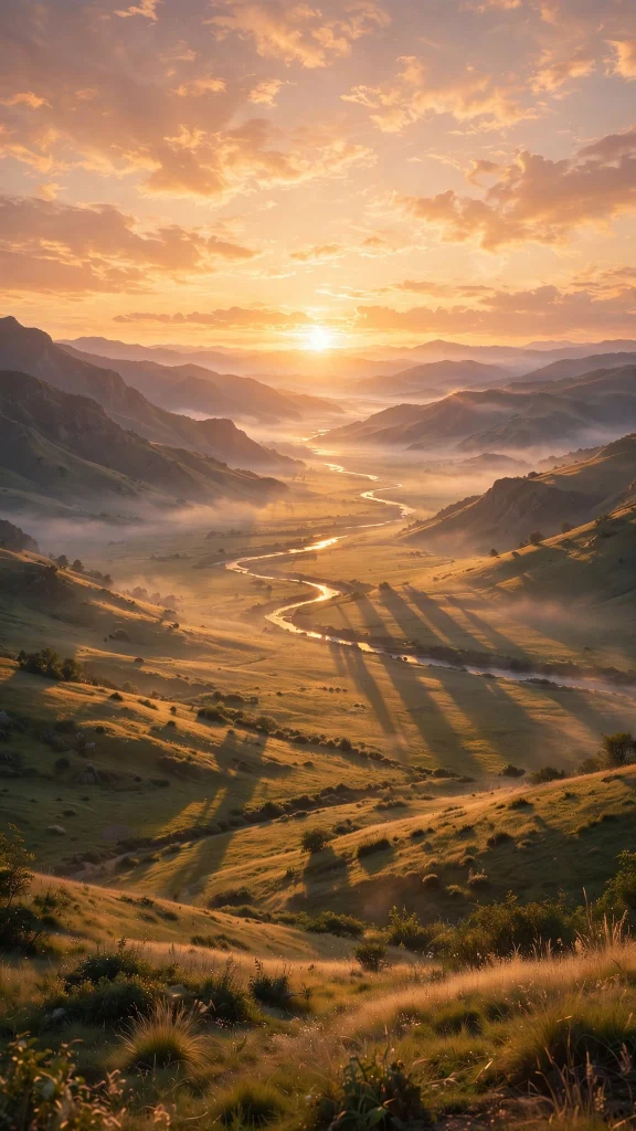 sunset valley with golden light