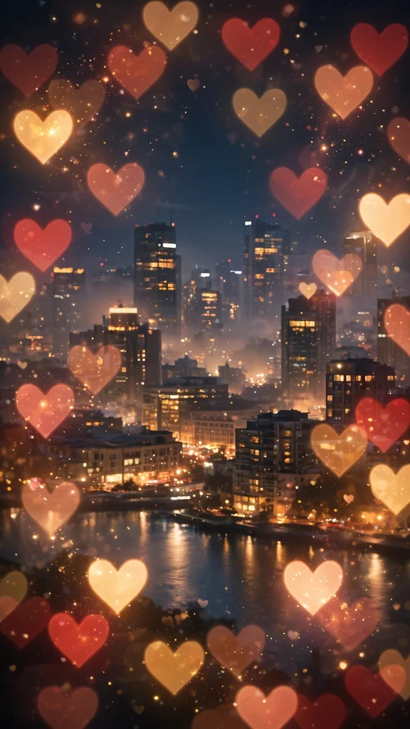 17 Best wallpaper iphone love for Your Phone 15 Heart-shaped bokeh lights glowing over a night city skyline, red and gold