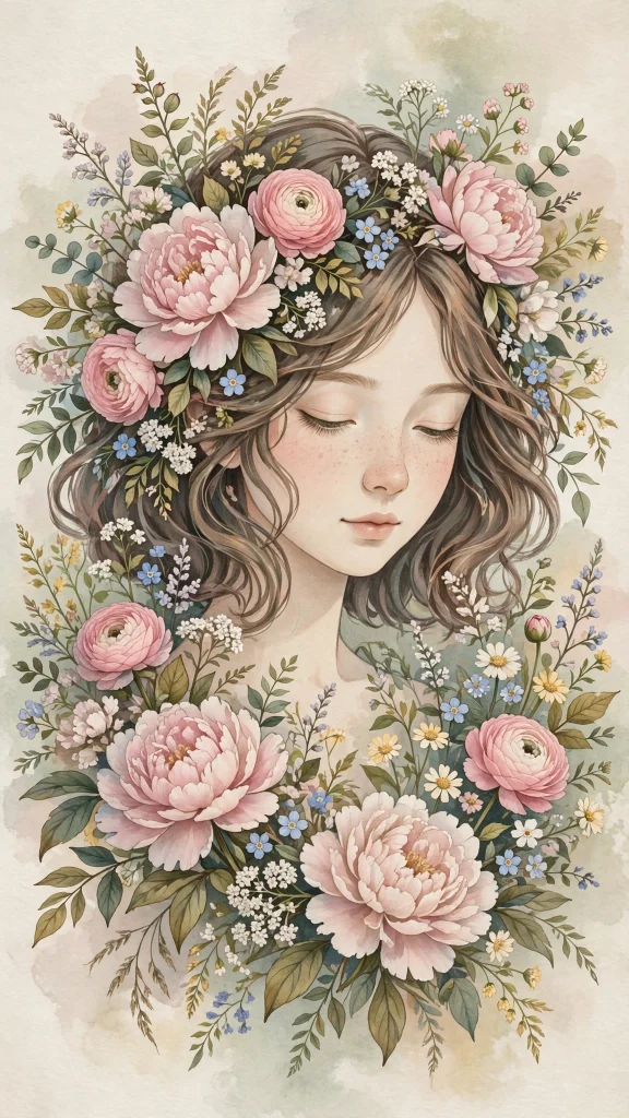 17 Best wallpaper iphone girl for Your Phone 3 Floral portrait illustration of a stylized girl among blooming peonies, painterly